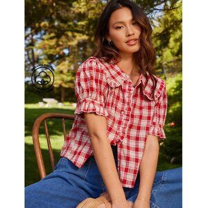 WESTFADE Floral Embroidered Gingham Ruffle Collar Puff Sleeve Button Up Shirt